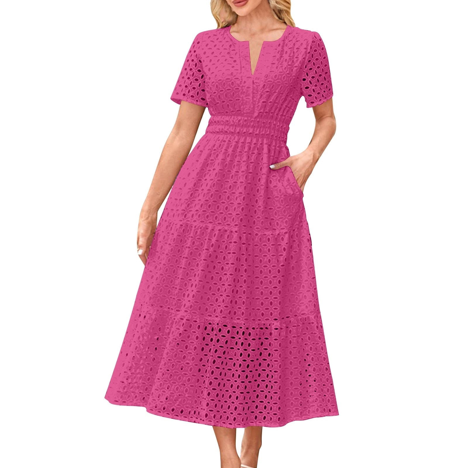 Dresses For Women Sevevn Women's Casual Pleated Elastic Waist Short Sleeve V-Neck Dress