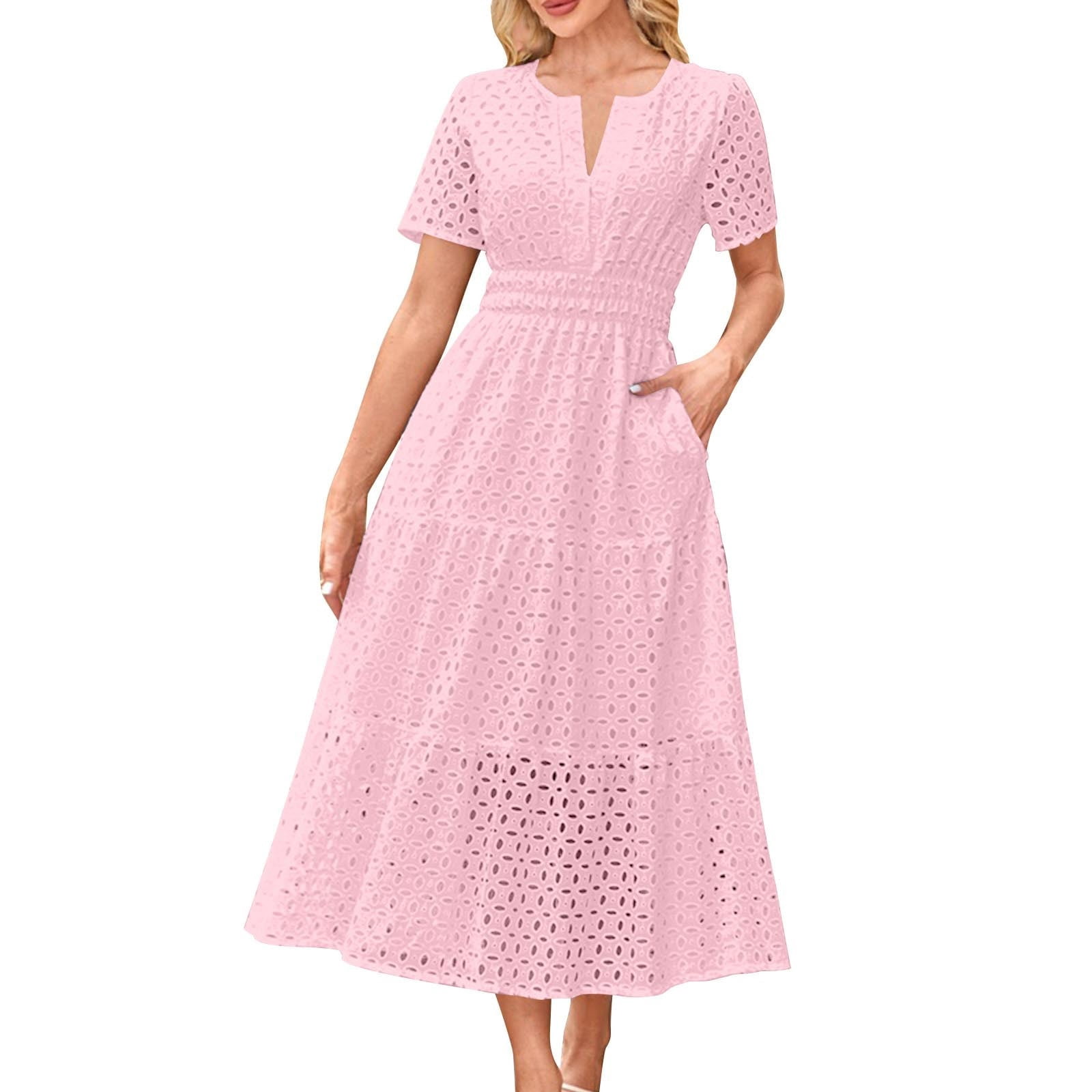 Dresses For Women Sevevn Women's Casual Pleated Elastic Waist Short Sleeve V-Neck Dress
