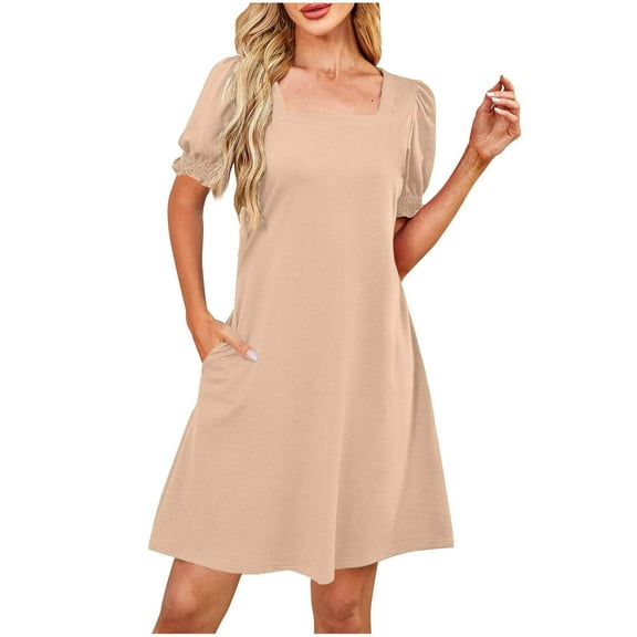 Dresses For Women Summer A-Line Square Neck Short Sleeve Solid Color Pleated Flowy Mini Short Dresses Beige L