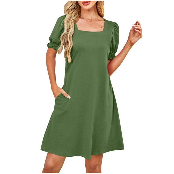 Dresses For Women Summer A-Line Square Neck Short Sleeve Solid Color Pleated Flowy Mini Short Dresses Green XL