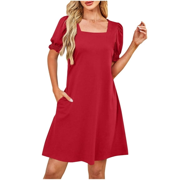 Dresses For Women Summer A-Line Square Neck Short Sleeve Solid Color Pleated Flowy Mini Short Dresses Red XXL
