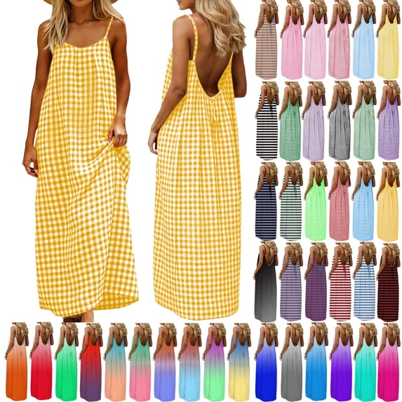 Dresses For Women Summer Plus Size Cotton And Linen Sleeveless Backless Cami Dresses Spaghetti Strap Flowy Long Sundress Vacation Beach Sundresses