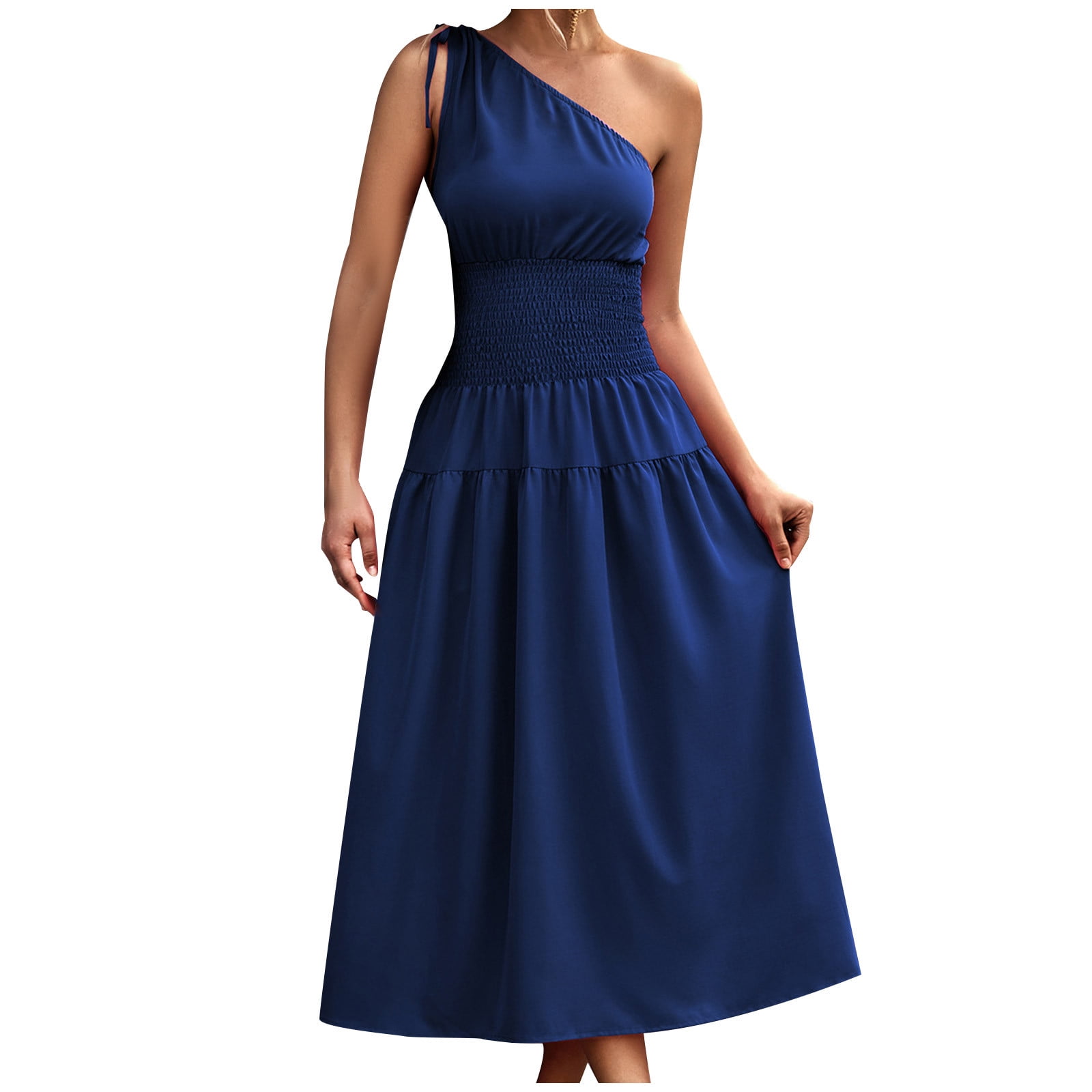 Dresses For Women Wedding Guest Elegant One Shoulder Elastic Waist Slim Fit Sleeveless Backless
