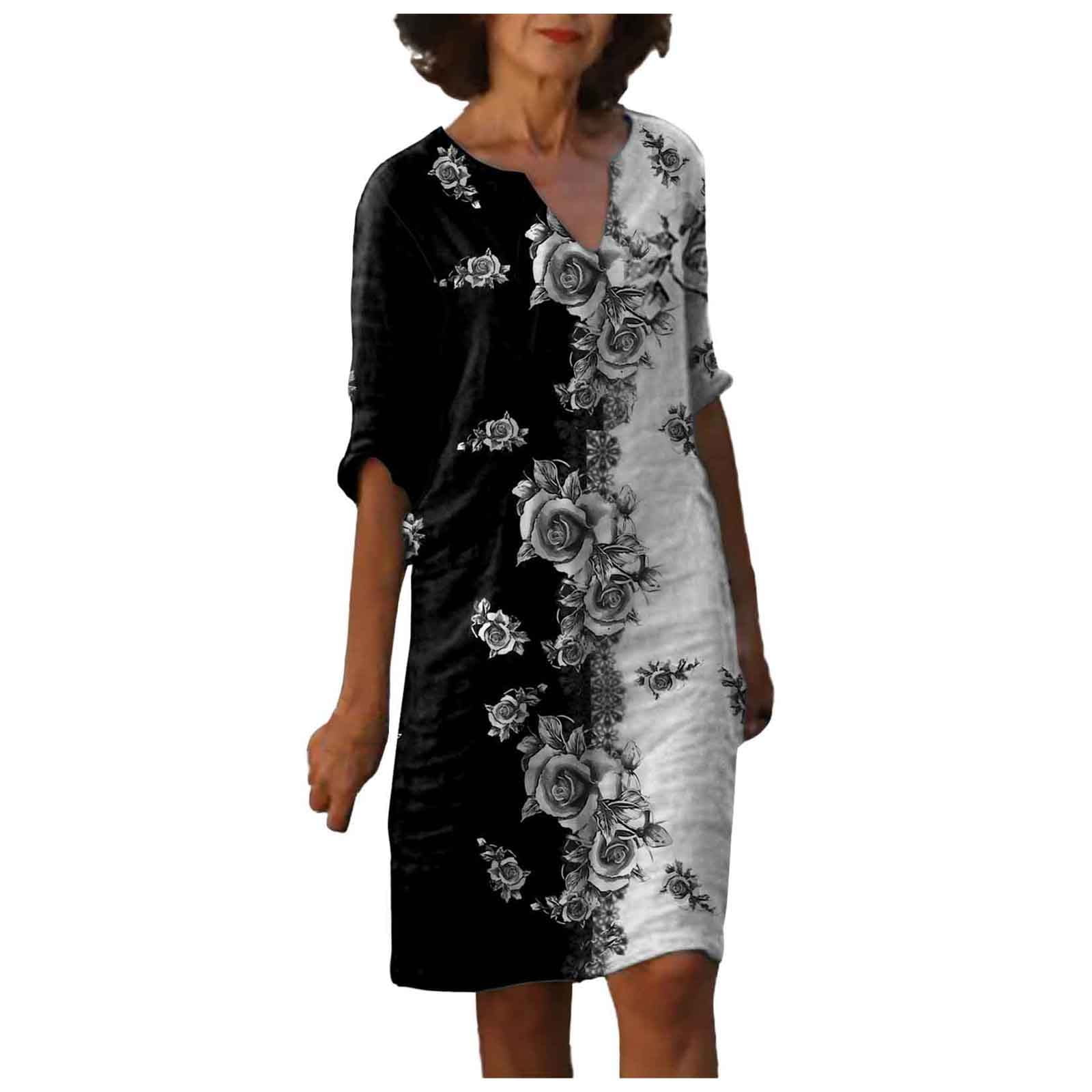 Dresses For Women Women Cotton Linen Small V Neck Retro Three Quarter