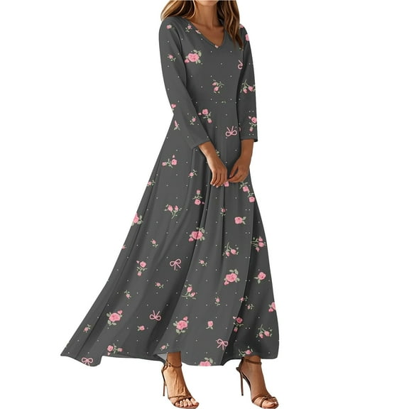 Dresses For Womens Vintage Flower Tunic Waisted Midi Dress Summer Casual 3/4 Sleeve Dress High Waist A Line Flowy Printed Long Dresses