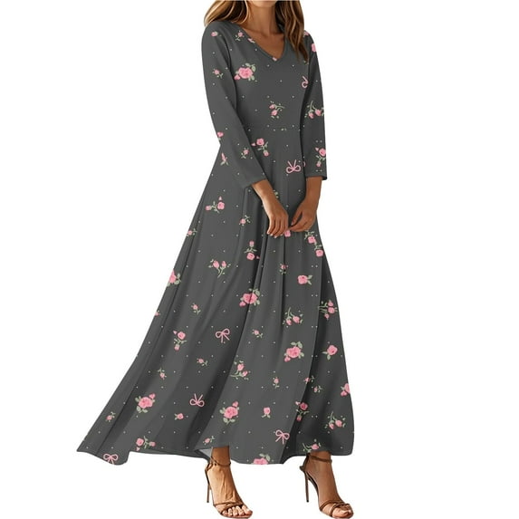 Dresses For Womens Vintage Flower Tunic Waisted Midi Dress Summer Casual 3/4 Sleeve Dress High Waist A Line Flowy Printed Long Dresses