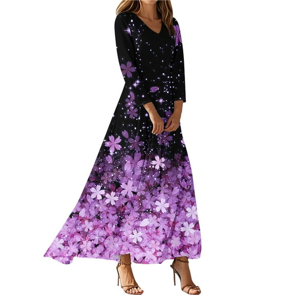 Dresses For Womens Vintage Flower Tunic Waisted Midi Dress Summer Casual 3/4 Sleeve Dress High Waist A Line Flowy Printed Long Dresses