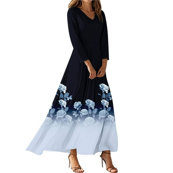 Dresses For Womens Vintage Flower Tunic Waisted Midi Dress Summer Casual 3/4 Sleeve Dress High Waist A Line Flowy Printed Long Dresses