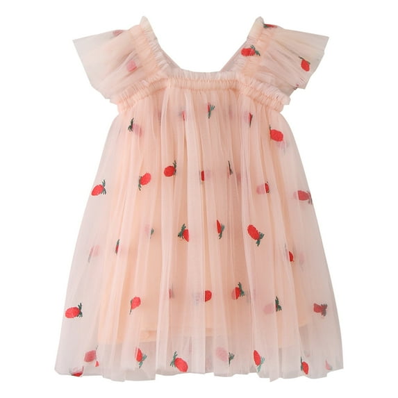 Dresses For Girls Baby Kids Easter Summer Trendy Ball Gown Draped Pleat Flying Sleeve Lace Tiered Butterfly Appliques Strawberry Embroidery Print Knee Length V Neck Sleeveless Spring Dress