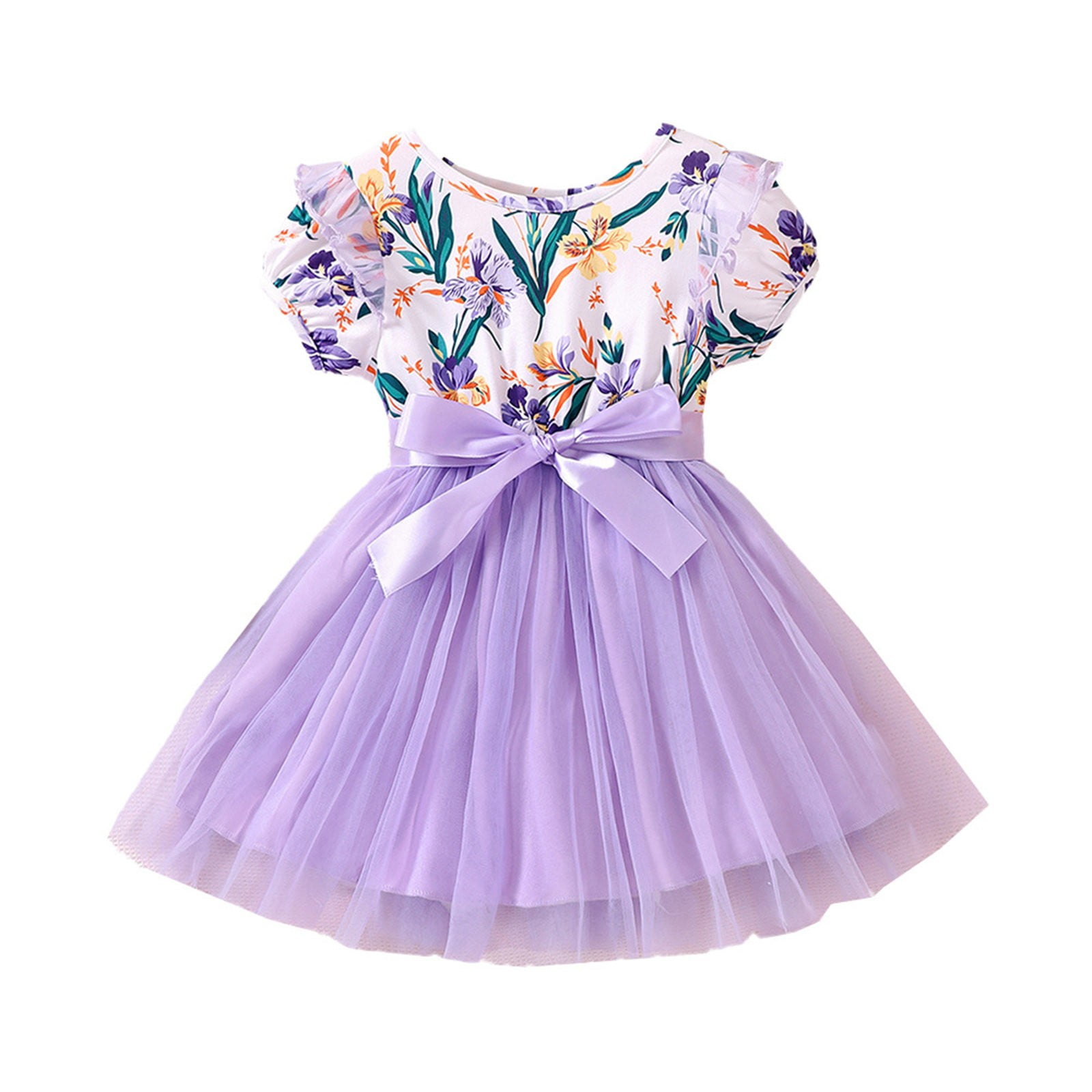 Dresses Girls Floral Fly Sleeve Kids Tulle Party Dress Purple 4-5Y ...