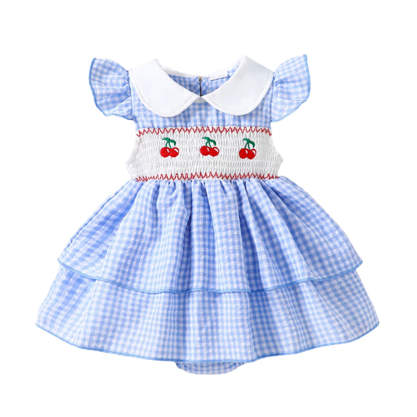 Dresses for Girls Baby Girls Summer Flutter Sleeve Plaid Print Romper Cherry Embroider Bodysuits Dress Dress for Girls Blue 18 Months-24 Months