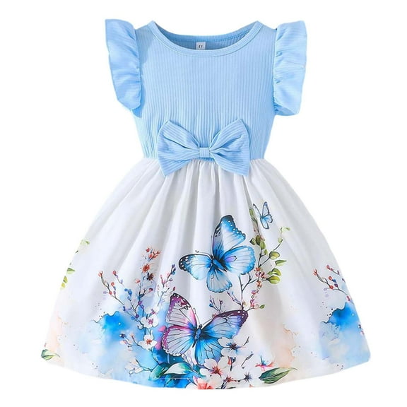 Dresses Girls Toddler Children Girls Fly Sleeve Cartoon Prints Bowknot Dresses Clothes Dress Girls Sky Blue 5 Years-6 Years