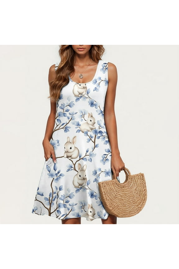 Dresses Summer Dresses for Women Summer Easter Ladies Casual Plus-size Sleeveless Crew Neck Short Dress Light Blue L