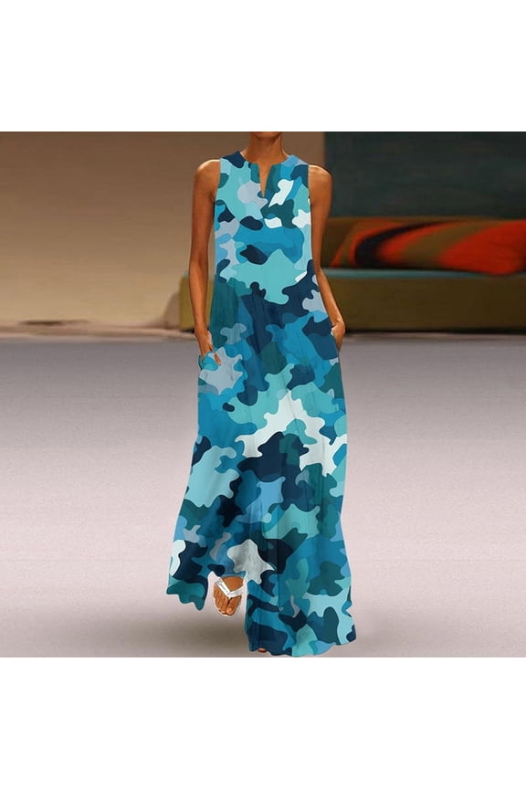Dresses,Summer Floral Print Maxi Dress,V-Neck Sleeveless Flattering Beach Dress with Lightweight Fabric (16 Colors)