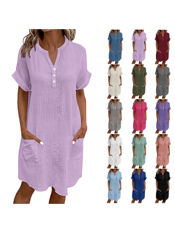 Dresses Summer Sundress for Women Womens Summer Casual Fashion Solid Color Short Sleeved V-neck Button Double Pocket Dress Dark Purple M