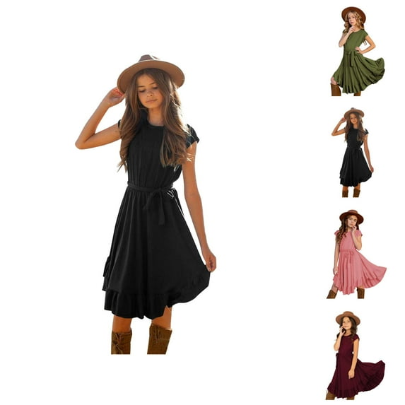 Dresses for Girls Princess Dresses Kids Little Girls Vintage Dress Solid Short Sleeve Ruffles Swing Retro Rockabilly Dresses 7-12Y Party Dresses Clothes