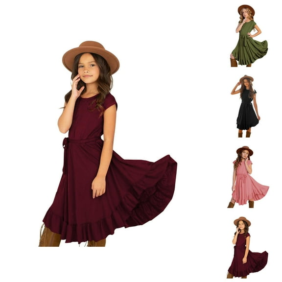 Dresses for Teen Girls Princess Dresses Kids Little Girls Vintage Dress Solid Short Sleeve Ruffles Swing Retro Rockabilly Dresses 7-12Y Party Dresses Clothes