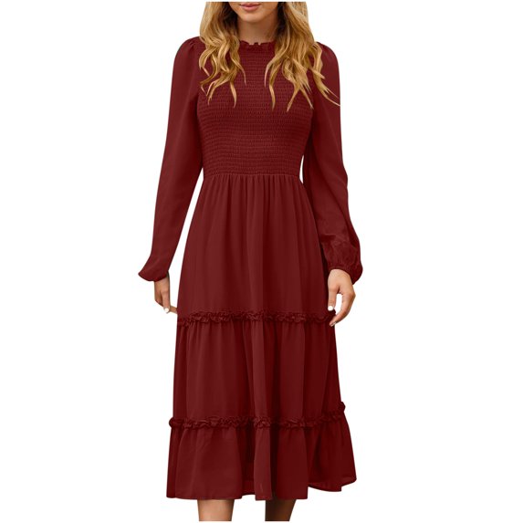 Dresses for Women 2022 Womens Autumn And Winter Solid Color Long Sleeve Round-neck Smocked Boho Dress A-Line Ruffle Frill Tiered Swing Midi Dress Floral Shirt Dresses Midi Dress Maxi Dress