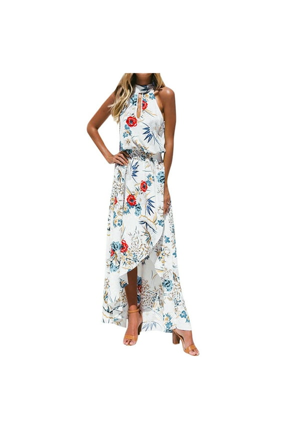 Dresses For Women 2023 Holiday Women Boho Floral Long Maxi Dress Sleeveless Evening Party Summer Beach Sundress Daily Sleeveless Halter Neck Printing Chiffon Irregular Hem Dress