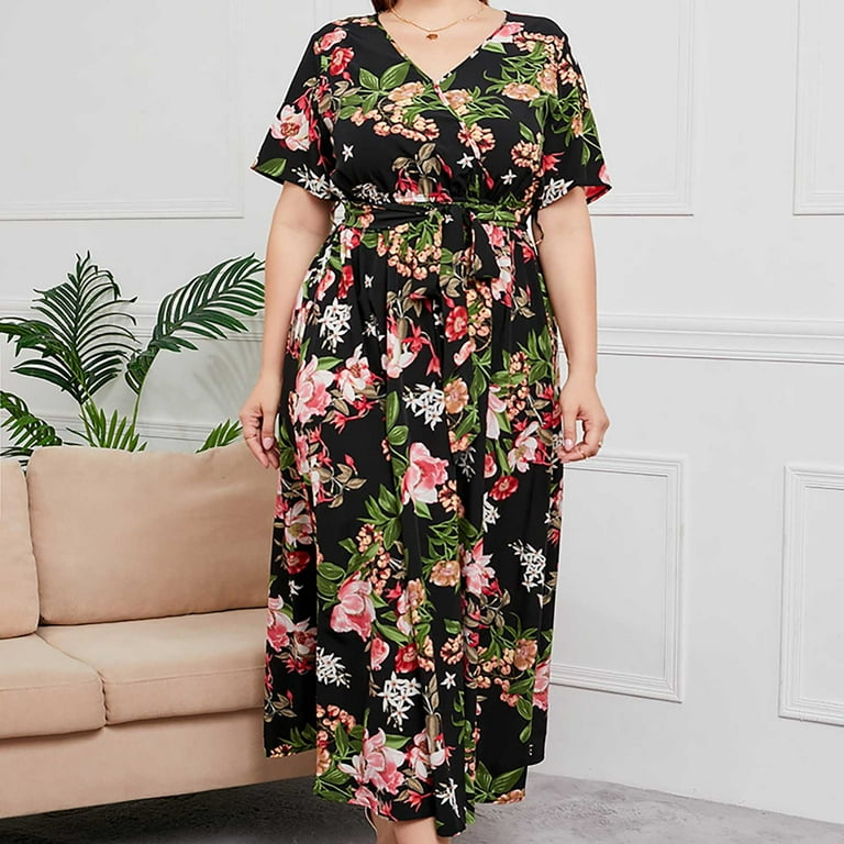 Summer Dresses for Women 2024 Plus Size Summer Casual Midi Clearance Spring Dresses Women S Summer Print Plus Size Dress V Neck Short Sleeve Elastic