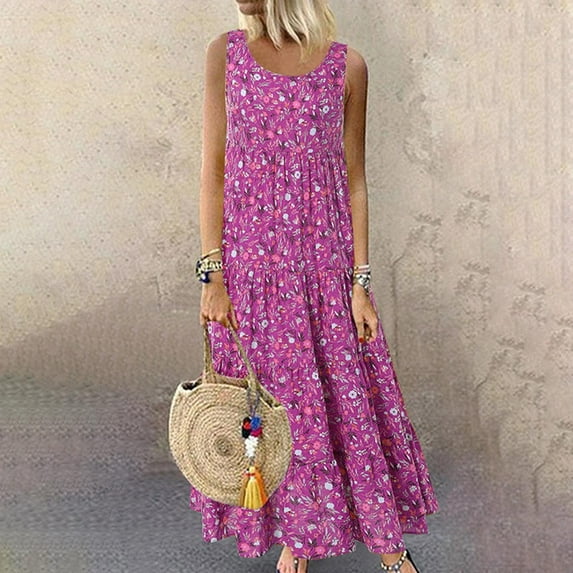 Dresses For Women 2023 Plus Size Women Dresses Casual Halter Dresses Sleeveless Dresses French Ethnic Dresses Floral Print Long Dresses High Waist Midi Beach Dresses O Neck Sundress