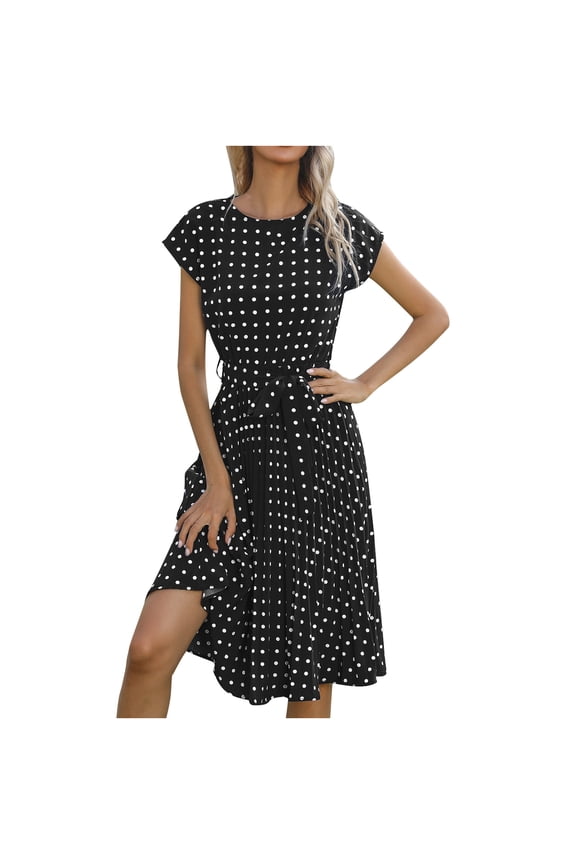 Dresses for Women 2023 Short Sleeve Printing Polka Dot Dress Round Neck Midi Fit And Flare Y2K Fashion Elegant Party Club Beach Seaside Homo Homecoming A-Line Swing Hem Pleated Dress