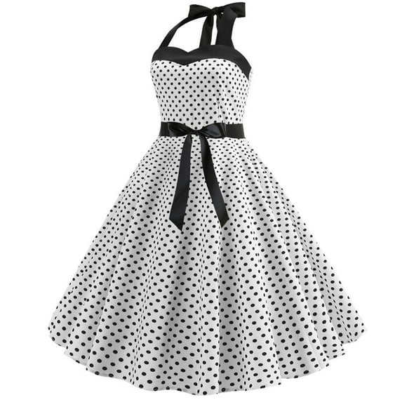 Dresses for Women 2023 Sleeveless Halter Neck Vintage Maxi Dress Polka Dots Elegant A-Line Prom Dress Formal Bandage Big Swing Fashion Cocktail Dress（White,2XL）