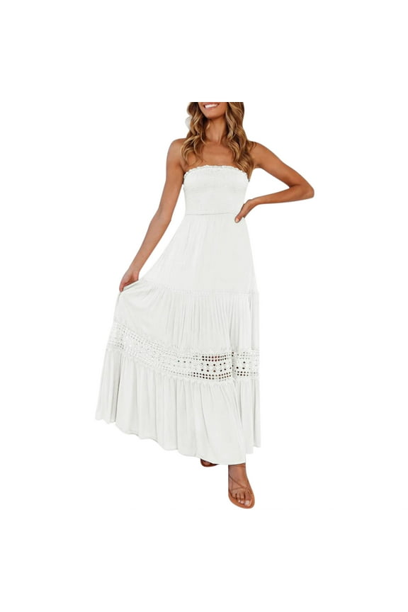 Dresses For Women 2024 Casual Womens Summer Bohemian Strapless Off Shoulder Lace Trim Backless Flowy A Line Beach Long Maxi Dress Short Sleeve Dress Dresses For Wedding Guest Two Piece Sets For Women