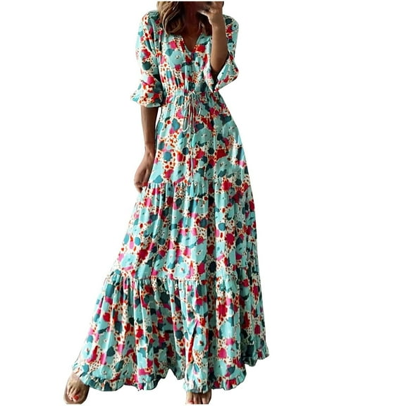 Dresses for Women 2024 Fall Plus Size Fashion High Waist Flowy Ruffle Swing Lantern Sleeve Long Dresses Camouflage Elbow-Length V-Neck Maxi Formal Dresses for Women Light Blue XXL