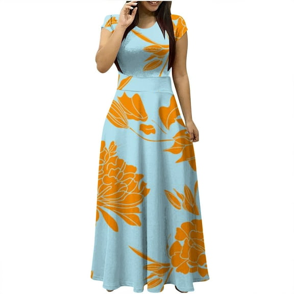 Dresses for Women 2024 Fashion Empire Waist Flowy Pleated Swing Party Prom Vintage Floral Maxi Dresses Tie-Dye Print Short Sleeve Round Neck Long Formal Dresses for Women Orange m
