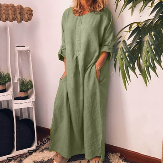 Dresses for Women 2024 Vintage Cotton Linen Plus Size Button up Maxi Dresses with Pocket Solid Elbow-Length Round Neck Summer Long Formal Dress Green l