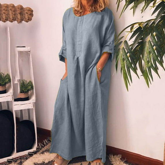 Dresses for Women 2024 Vintage Cotton Linen Plus Size Button up Maxi Dresses with Pocket Solid Elbow-Length Round Neck Summer Long Formal Dress Light Blue l