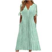 Dresses for Women 2024 Wedding Guest Women's Summer Casual T Shirt Dresses V neck Sundresses Button Down Swing Dress A Line Flowy Maxi Sundress with Pockets Vestidos Para Mujer Casuales Y Elegantes