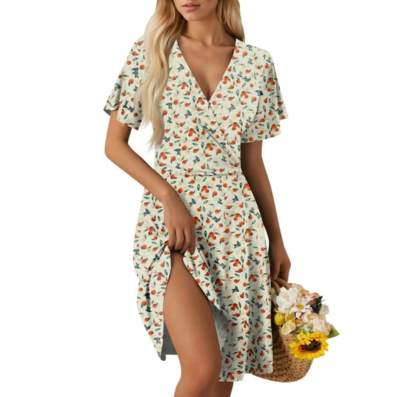 Dresses For Women 2025 Casual, Floral Short Sleeveless Summer Dress Elegant Casual Deep V Neck Beach Wedding Guest Dress Easter Party Daily Wear Loose Fit Boho Midi Dress (S, Beige) ZMTing