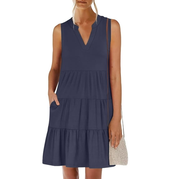 Dresses For Women 2025 Casual, Summer Elegant V Neck Sleeveless Patchwork Tank Dress Casual Cocktail Wedding Guest Beach Party A Line Dresses Formal Dresses Outfits Dresses (XL, Navy) ZMTing