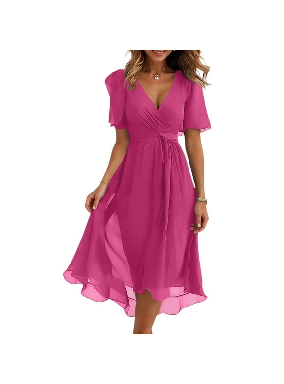 Dresses For Women 2025, Elegant Casual V Neck Short Sleeve Tie Waist Floral Chiffon A Line Wedding Guest Easter Summer 2025 Formal Cocktail Party Church Wrap Midi Dresses (XL, Hot Pink) ZMTing