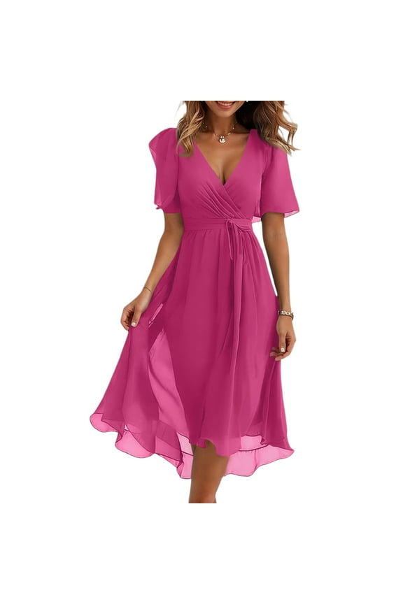 Dresses For Women 2025, Elegant Casual V Neck Short Sleeve Tie Waist Floral Chiffon A Line Wedding Guest Easter Summer 2025 Formal Cocktail Party Church Wrap Midi Dresses (XL, Hot Pink) ZMTing