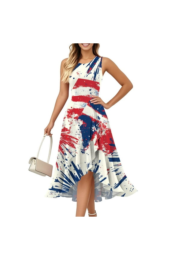 Dresses For Women 2025 Elegant Classy, 4Th Of July Dress Casual Cotton Sleeveless Round Neck American Flag Ruffle Flowy Long Tank Leather Dress Babydoll Formal Dresses Short (L, Beige) ZMTing