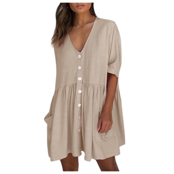 Dresses for Women 2025 Elegant Classy, Casual Dresses for Women,Women's Casual Mini V-Neck Loose Sleeve Dress with Half Pocket Solid Button Design Comfortable Ladies Summer Dress