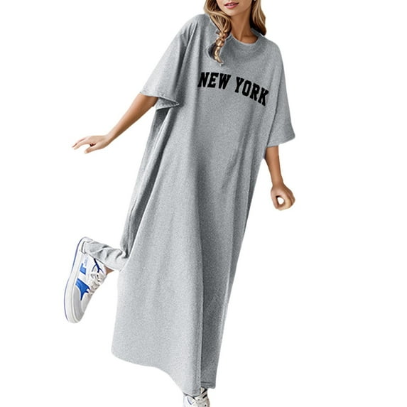 Dresses for Women 2025 Elegant Classy, Casual Summer Dresses for Women,Women's Flowy Summer Dress Casual Loose Fit Floral Print Short Sleeve T-Shirt Style Comfortable Long Maxi Dress