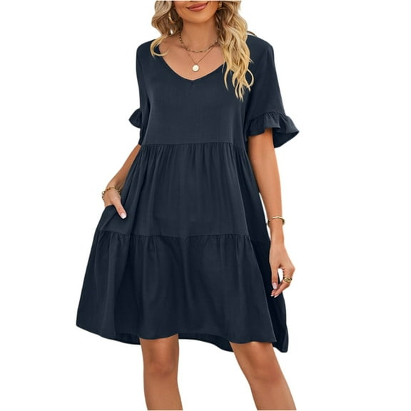 Dresses For Women 2025 Elegant Classy, Casual Summer V Neck Ruffle Short Sleeves Pleated Dress Loose Midi Lace Dress Sexy Vacation Luau Outfits Gothic Dress (L, Navy) ZMTing