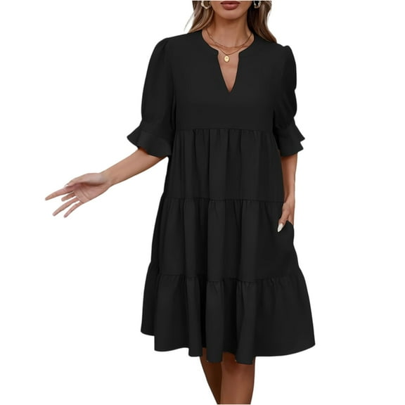 Dresses For Women 2025 Elegant Classy, Casual V Neck Short Sleeves Boho Dress With Ruffle Hem Beach Vacation Wedding Guest Short Dress Plus Size Mini Casual Dresses Casual (XL, Black) ZMTing
