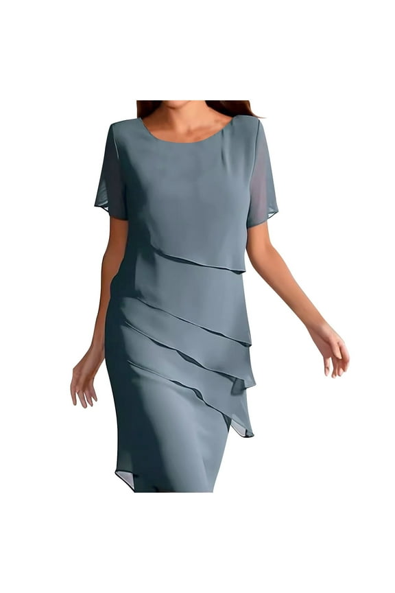 Dresses For Women 2025 Elegant Classy, Chiffon Round Neck Short Sleeve Slim Casual Beach Cocktail Wedding Guest Dress Kaftan Bohemian Dress Mexican Work Mommy Dresses Midi (XXL, Blue) ZMTing