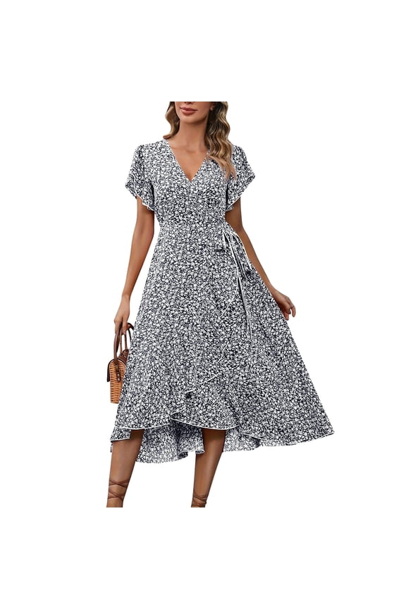 Dresses For Women 2025 Elegant Classy, Floral Wedding Guest Chiffon V Neck Short Sleeve Ruffle Tie Tunic Flowy Maxi Vacation Dress Black Shirt Men Prom Dress Maxi Dresses (XXL, Navy) ZMTing