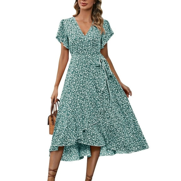 Dresses For Women 2025 Elegant Classy, Floral Wedding Guest Chiffon V Neck Short Sleeve Ruffle Tie Tunic Flowy Maxi Vacation Dress Leopard Maxi Womens Sundresses Romper Dresses (XXL, Green) ZMTing