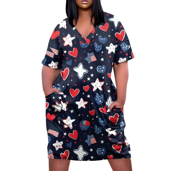 Dresses For Women 2025 Elegant Classy, Red White And Blue Plus Size V Neck Casual Dress With Pockets Loose Fit 4Th Of July Sundress Vacation Party Mini Dresses Casual Sundresses (4XL, Dark Blue)