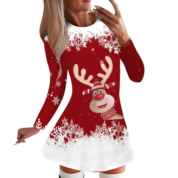 Dresses for Women 2025 Elegant Classy, Women Dresses,Women's 2023 Fashion Casual Christmas Party Dress Long Sleeve Round Neck Snowflake Print Holiday Elegant Comfortable Stylish