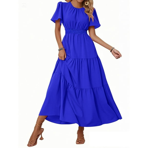 Dresses For Women 2025, Summer Elegant Casual Round Neck Ruffled Hem Flowy Dress Wedding Guest Easter Church Boho Cocktail Party Dress Linen With Layered Blazer Dress Cocktail (XL, Blue) ZMTing