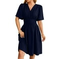 thumbnail image 1 of Dresses For Women 2025, Summer V Neck Short Sleeve Pleated A-Line Dress Elegant Casual Beach Party Dress With Elastic Waist Outdoor Church Wedding Guest Dresses Maxi (XXL, Dark Blue) ZMTing, 1 of 3