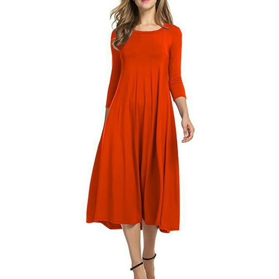 Summer Casual Dresses for Women 2025 DYTTDG Women's Fashion Cotton Solid Color Round Neck 3/4 Sleeve Dress Comfortable Casual Waist Hem A-Line Long Dresses